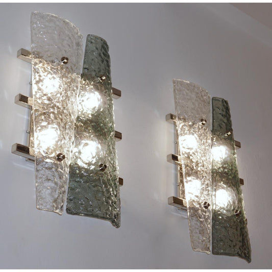 Contemporary Pair of Geometric Crystal & Aqua Green Murano Glass Nickel Sconces