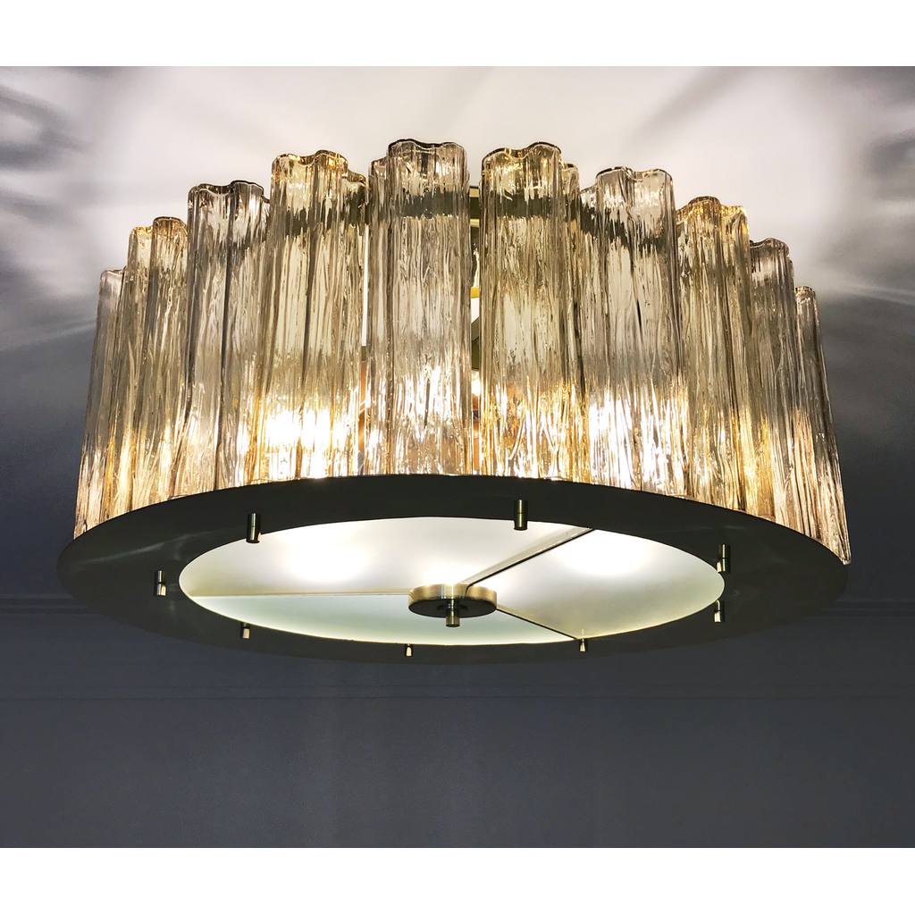 Italian Art Deco Style Crystal & Smoked Murano Glass Round Flush Mount on Brass