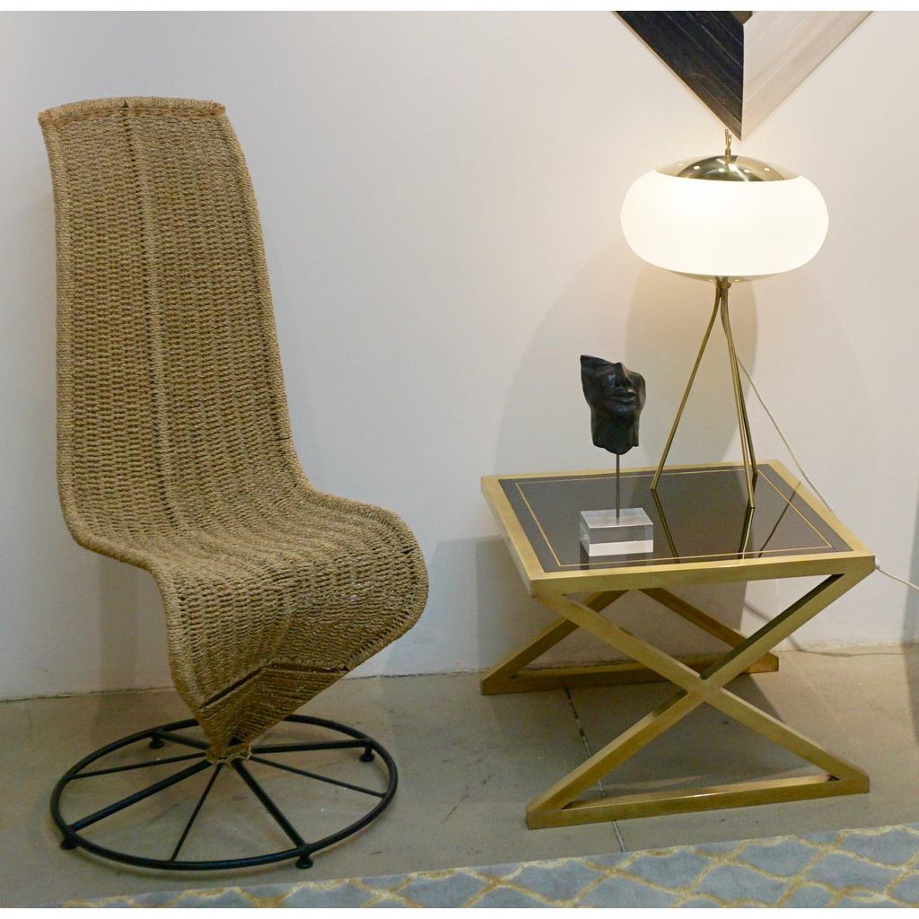 Italian Modern X-Frame Handcrafted Brass and Black Glass Coffee Table