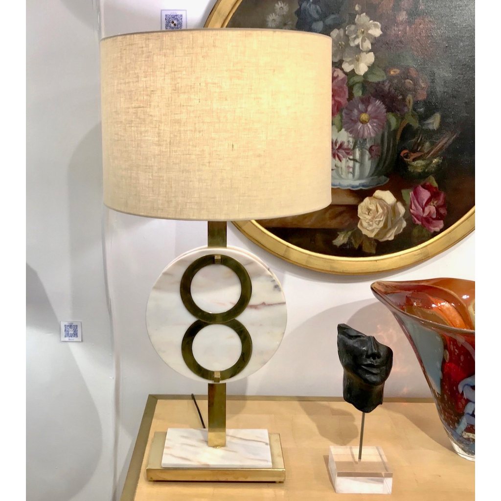 1970s Vintage Italian Pair of Modern Design Brass and Pink Carrara Marble Table Lamps