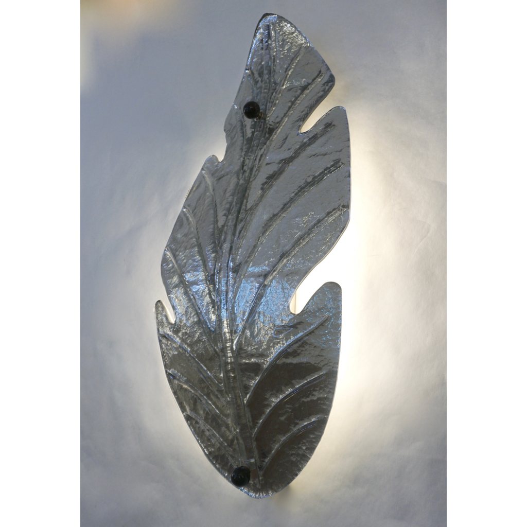 1980 Italian Vintage Nickel Pair of Tall Silver Color Murano Glass Leaf Sconces