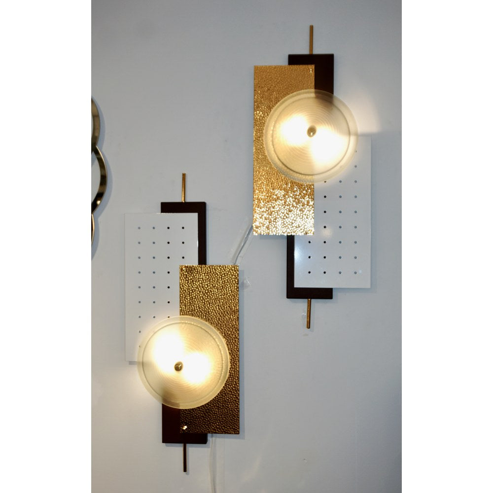 Italian Modernist Gold White & Brown Geometric Textured Metal & Glass Sconces