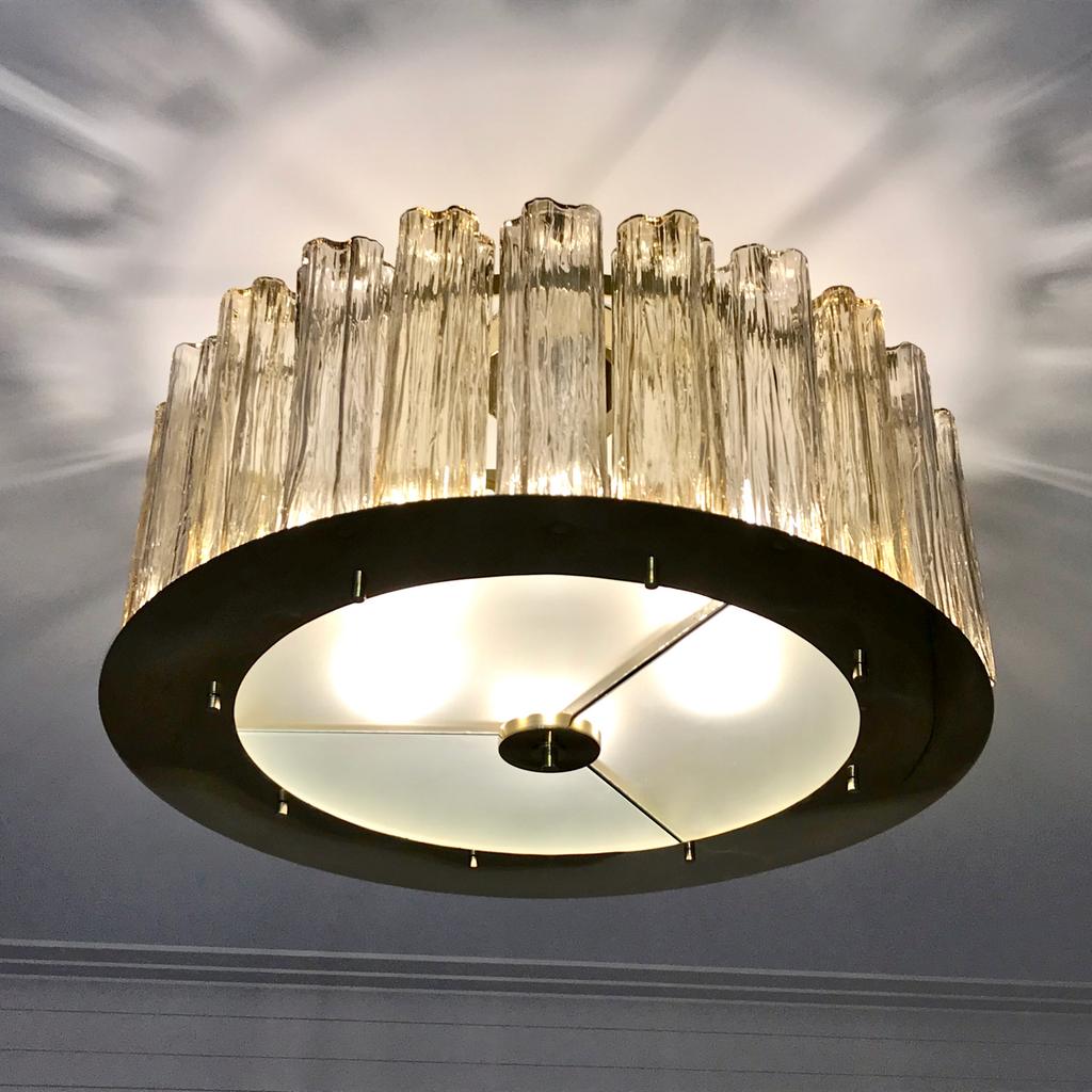 Italian Art Deco Style Crystal & Smoked Murano Glass Round Flush Mount on Brass