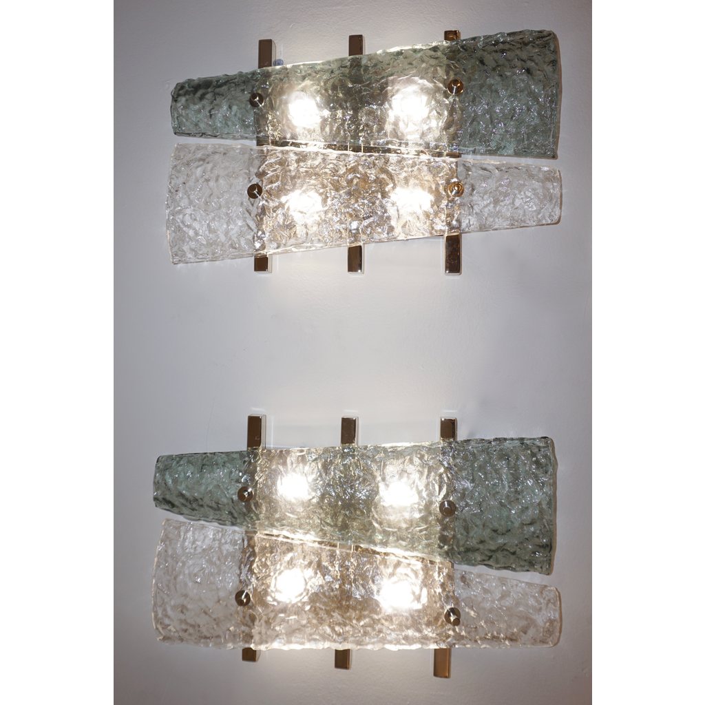 Contemporary Pair of Geometric Crystal & Aqua Green Murano Glass Nickel Sconces