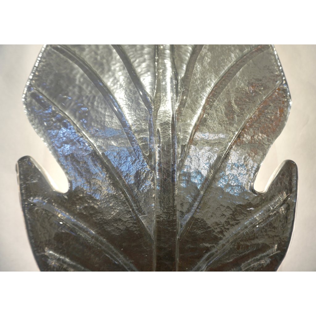 1980 Italian Vintage Nickel Pair of Tall Silver Color Murano Glass Leaf Sconces