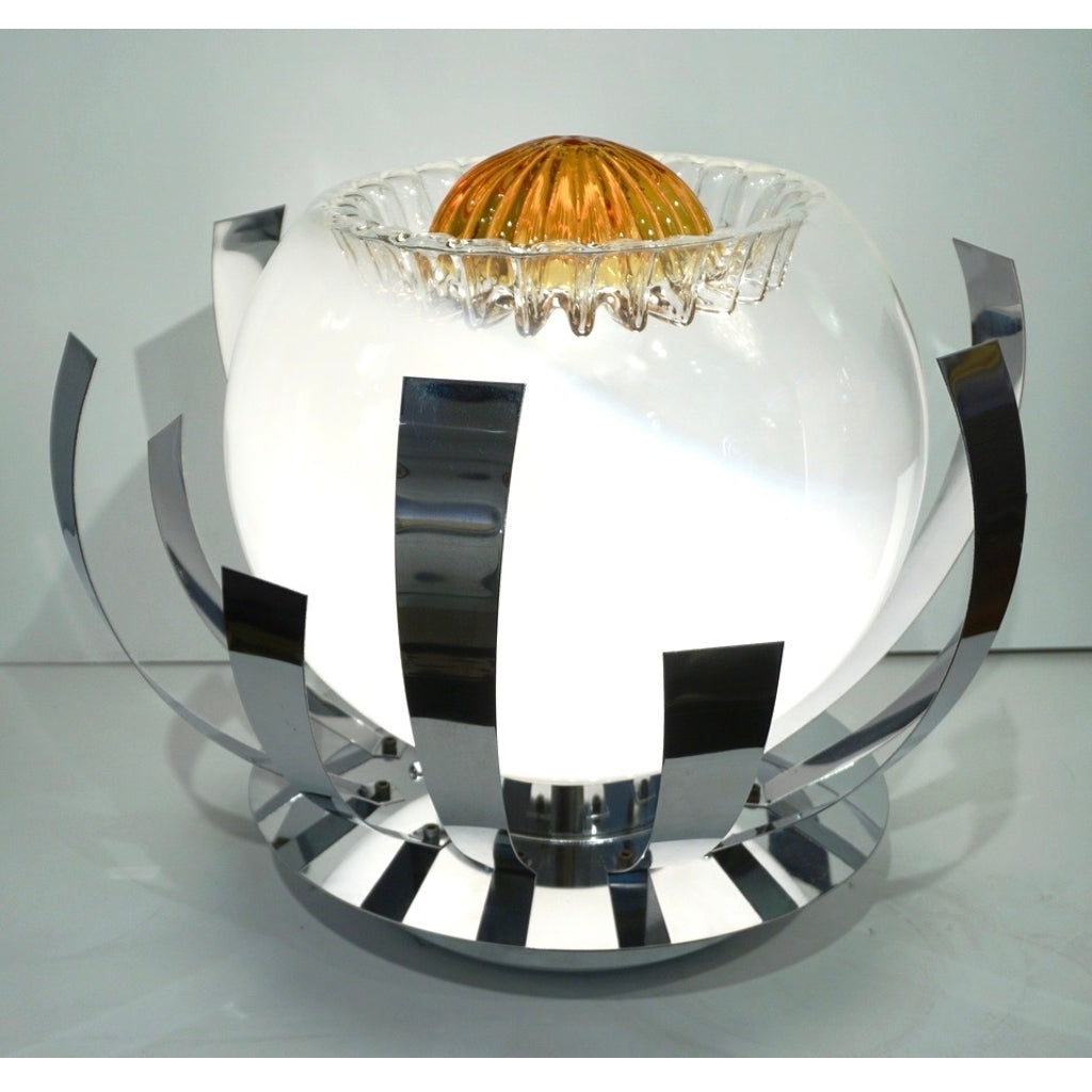 Mazzega 1960s Nickel White & Amber Murano Art Glass Flower Desk / Table Lamp