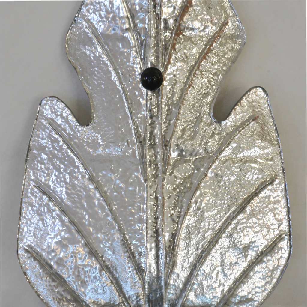 1980 Italian Vintage Nickel Pair of Tall Silver Color Murano Glass Leaf Sconces