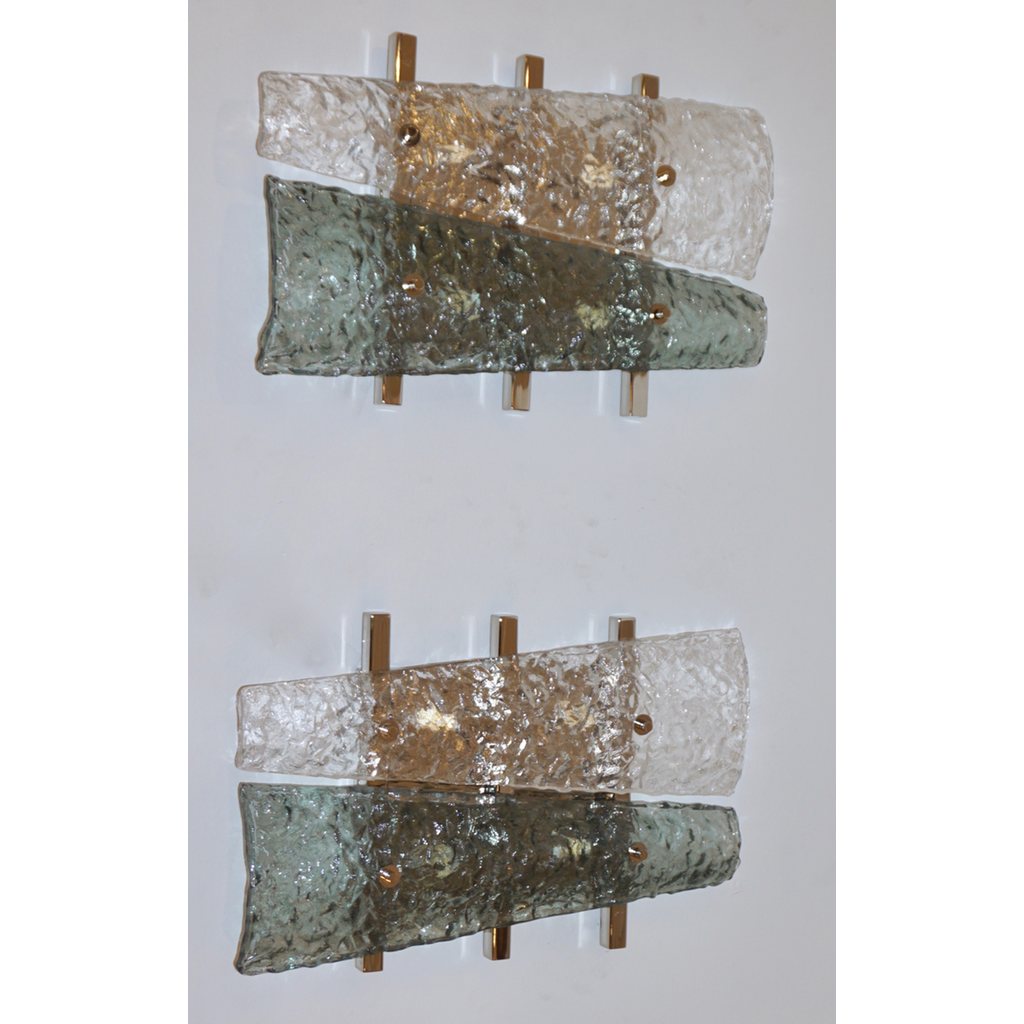 Contemporary Pair of Geometric Crystal & Aqua Green Murano Glass Nickel Sconces