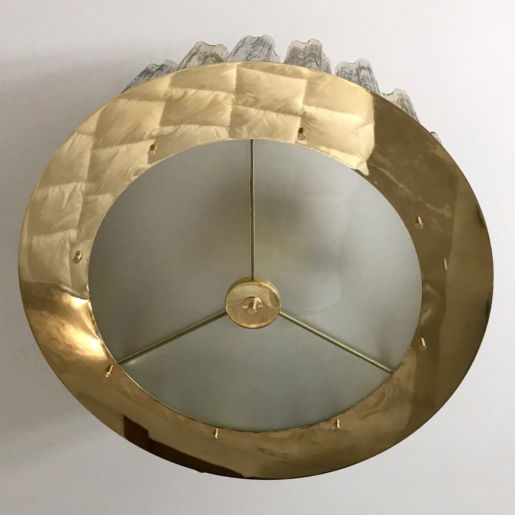 Italian Art Deco Style Crystal & Smoked Murano Glass Round Flush Mount on Brass