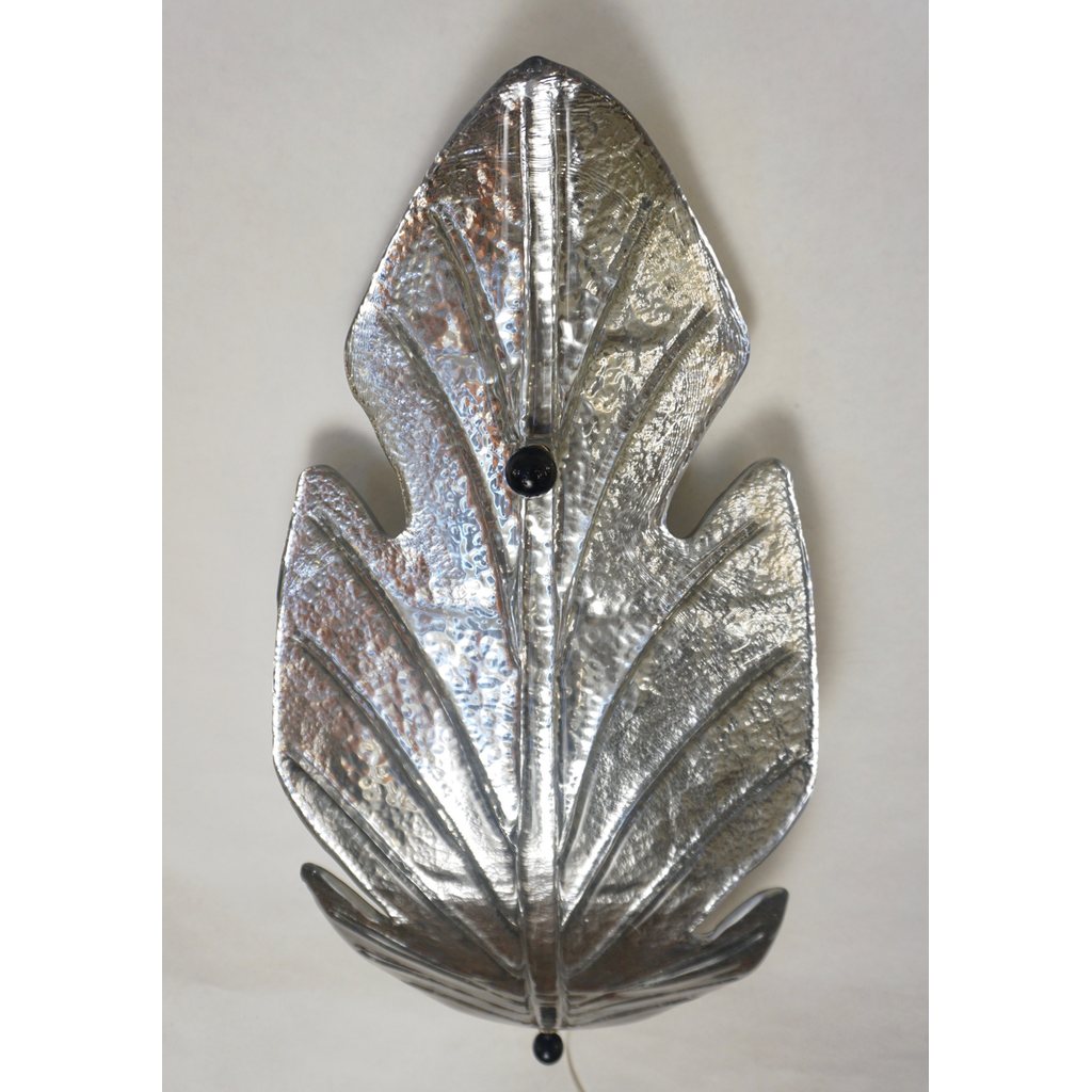 1980 Italian Vintage Nickel Pair of Tall Silver Color Murano Glass Leaf Sconces