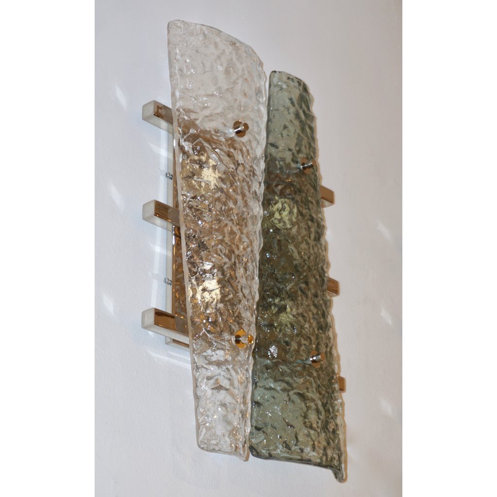 Contemporary Pair of Geometric Crystal & Aqua Green Murano Glass Nickel Sconces