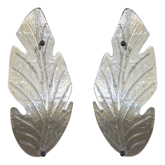 1980 Italian Vintage Nickel Pair of Tall Silver Color Murano Glass Leaf Sconces
