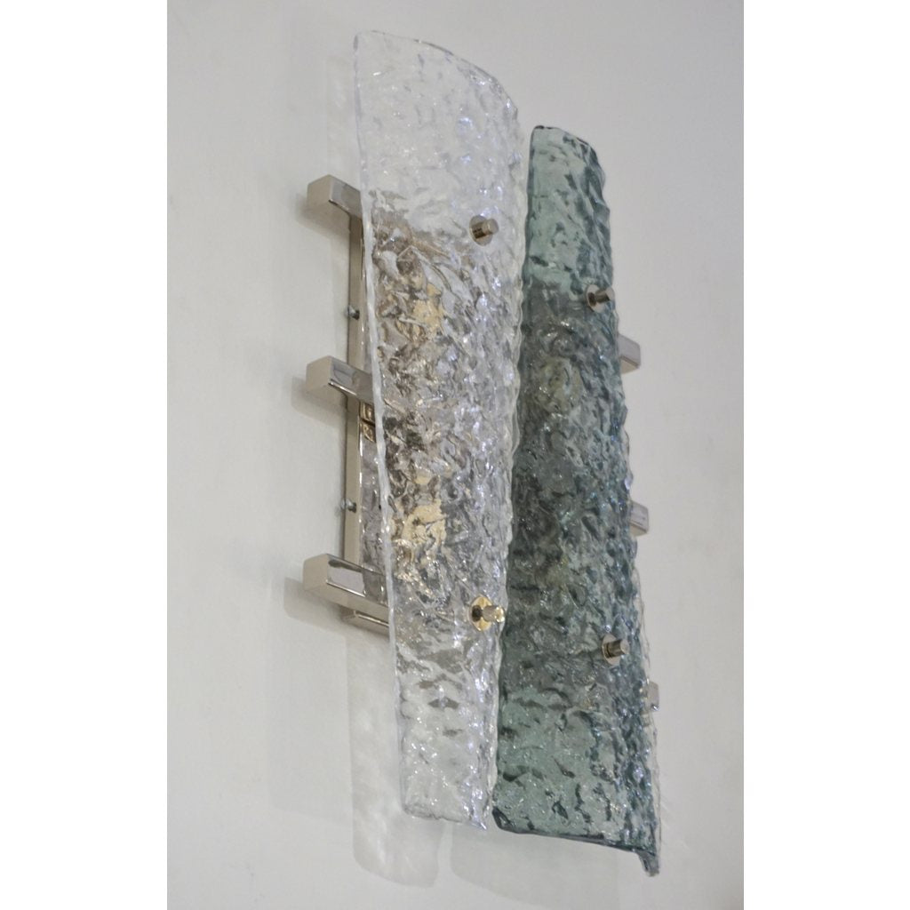 Contemporary Pair of Geometric Crystal & Aqua Green Murano Glass Nickel Sconces