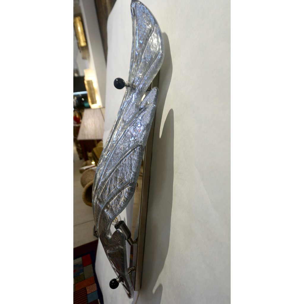 1980 Italian Vintage Nickel Pair of Tall Silver Color Murano Glass Leaf Sconces