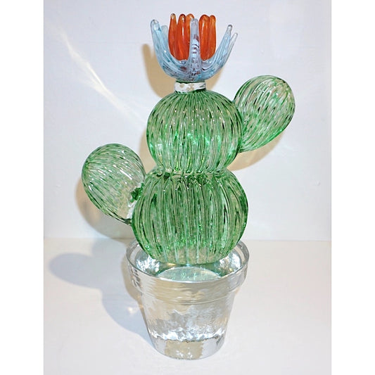 1990s Marta Marzotto Vintage Murano Glass Green Cactus Plant & Blue Coral Flower