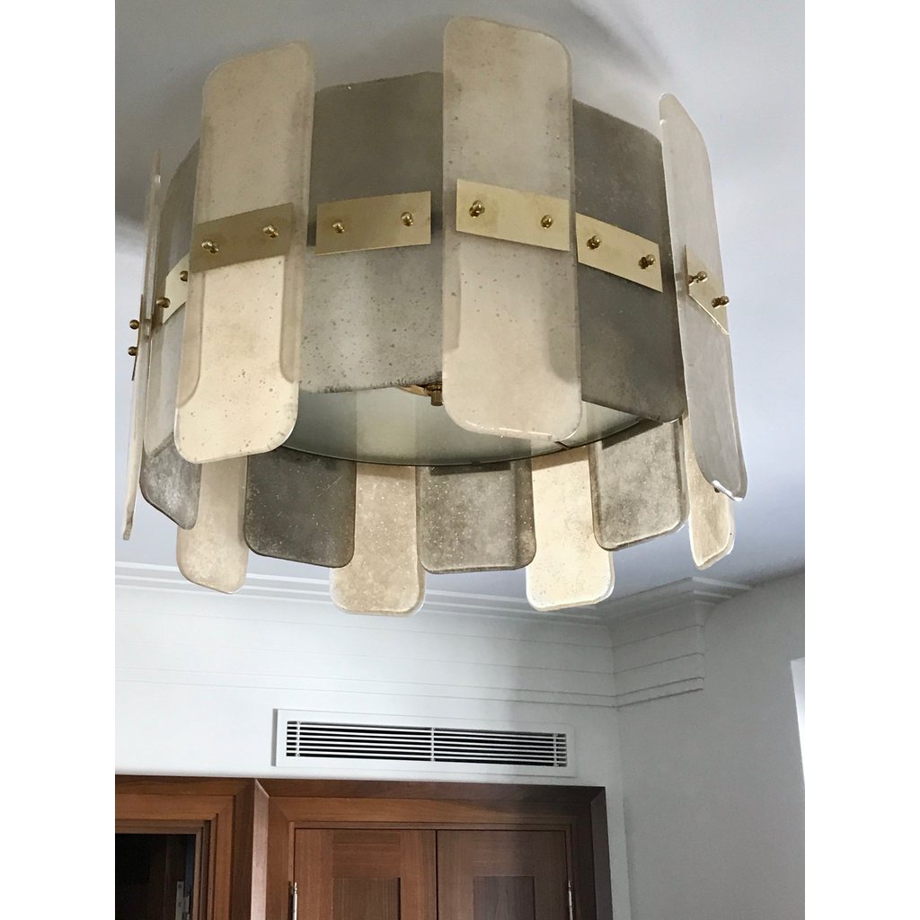 Contemporary Italian Organic Gray Ivory Murano Glass Round Flush Mount Chandelier