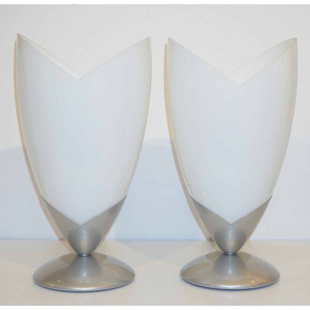 1970s Italian Pair of Satin Nickel & White Glass Tulip Table Lamps by Tronconi
