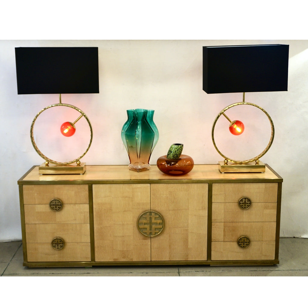 Contemporary Italian Monumental Pair of Brass & Red Murano Glass Console Lamps
