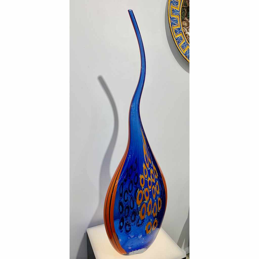 Dona Modern Art Glass Blue and Orange Sculpture Vase with Red and Yellow Murrine