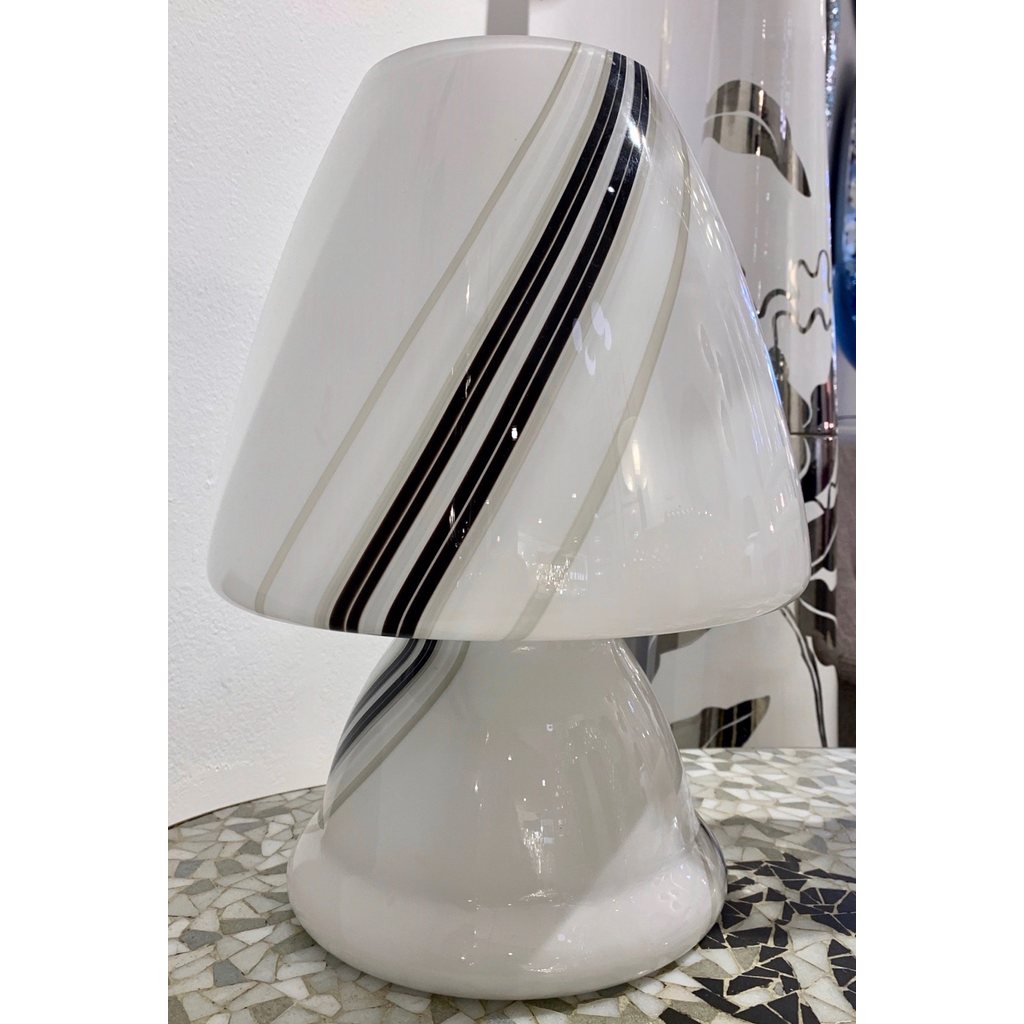 Vintage 1970s Italian Large White Table Lamp with Black Murrine Attributed to Vistosi