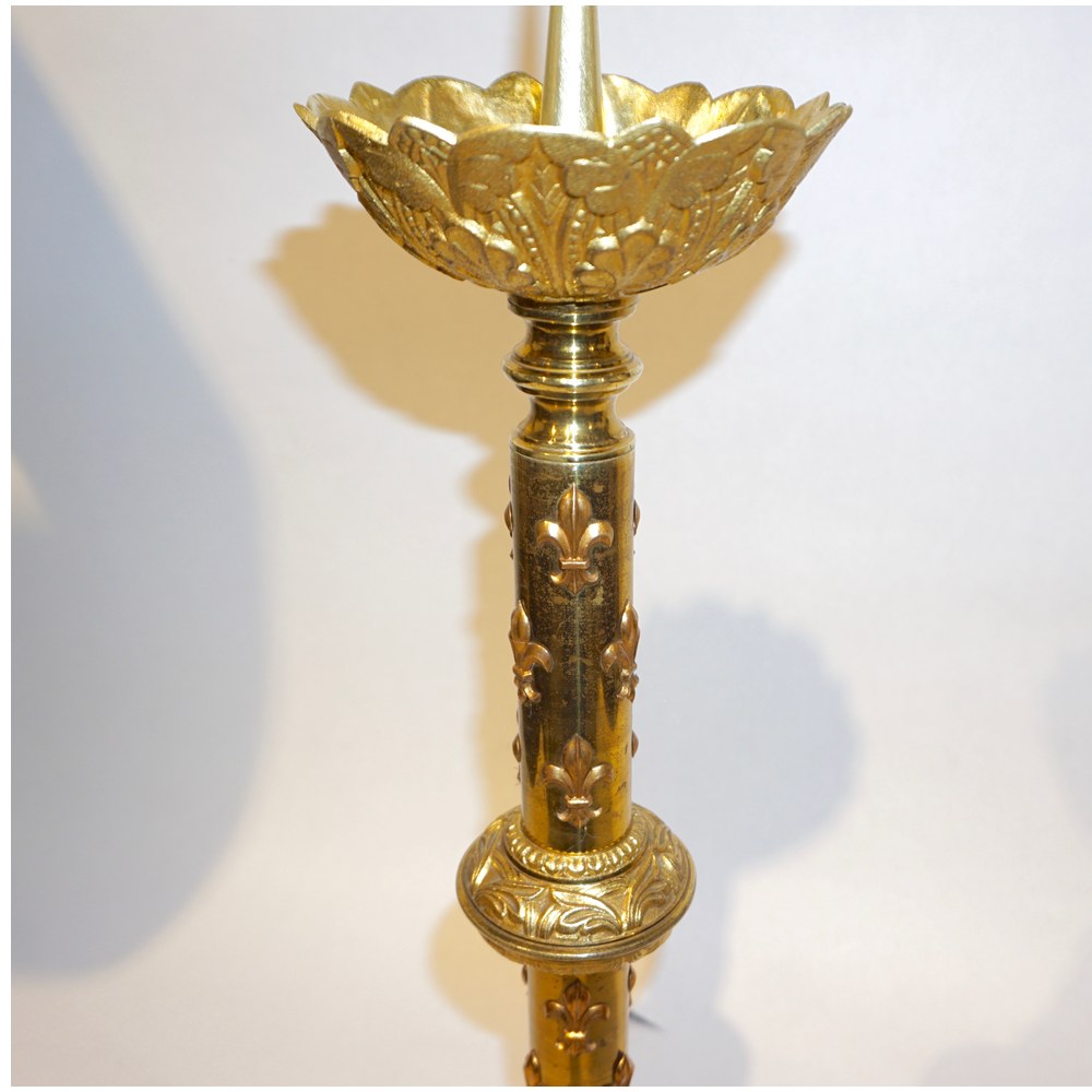 French Baroque Revival Tall Gilt Bronze Ormolu Pricket Candlestick, 1880s
