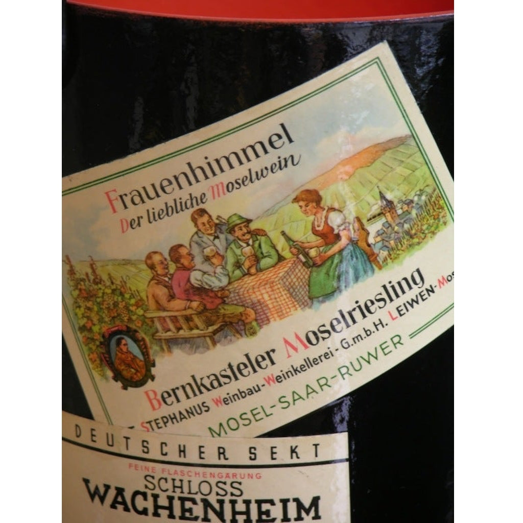 1950s German Black and Red Lacquered Barware Ice Bucket with Wine Labels Decor