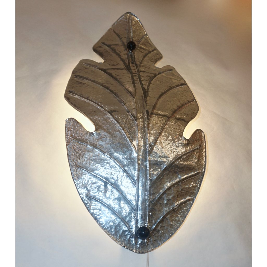 1980 Italian Vintage Nickel Pair of Tall Silver Color Murano Glass Leaf Sconces