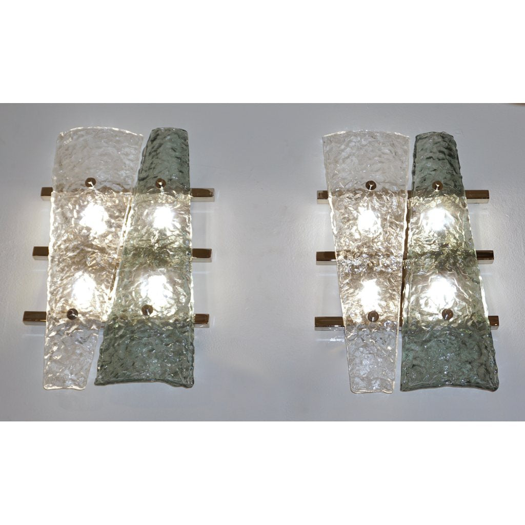 Contemporary Pair of Geometric Crystal & Aqua Green Murano Glass Nickel Sconces