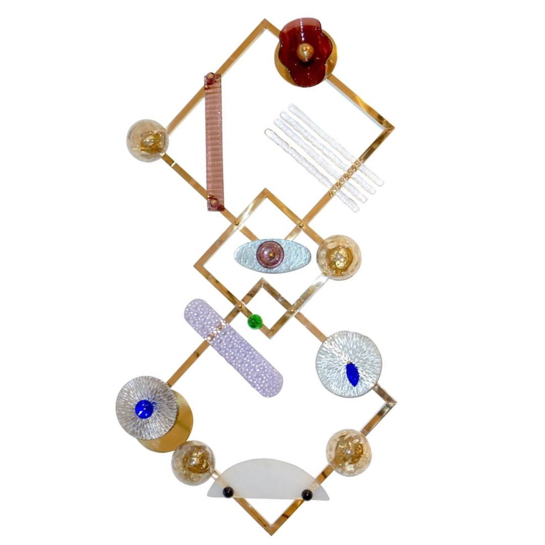 Bespoke Italian Brass Lit Wall Art with Blue Pink Purple Glass Floral Accents