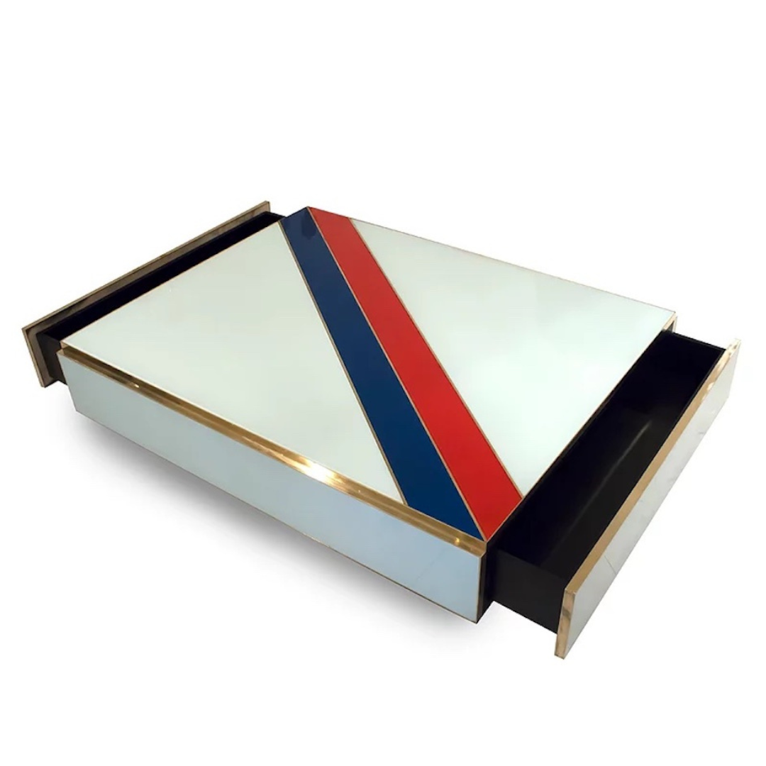 Custom Italian Art Design 2-Drawer Red Blue Stripe White Glass Low Coffee Table