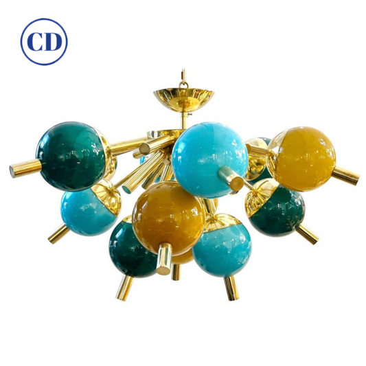 Custom Italian Green Turquoise Gold Murano Glass Brass Sputnik Globe Flush Mount