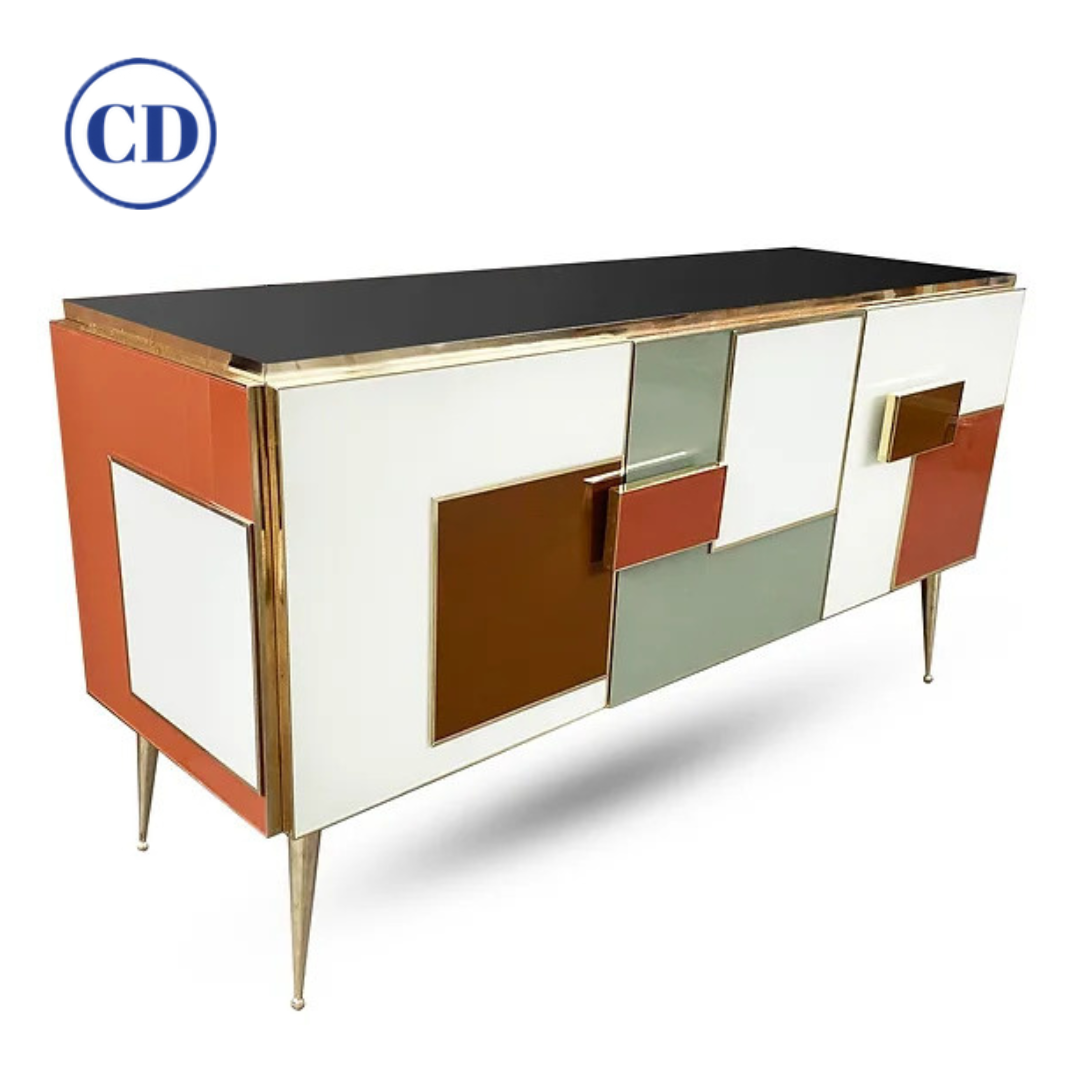 Bespoke Italian Black Cream Green Ochre Geometric Postmodern Cabinet/Sideboard