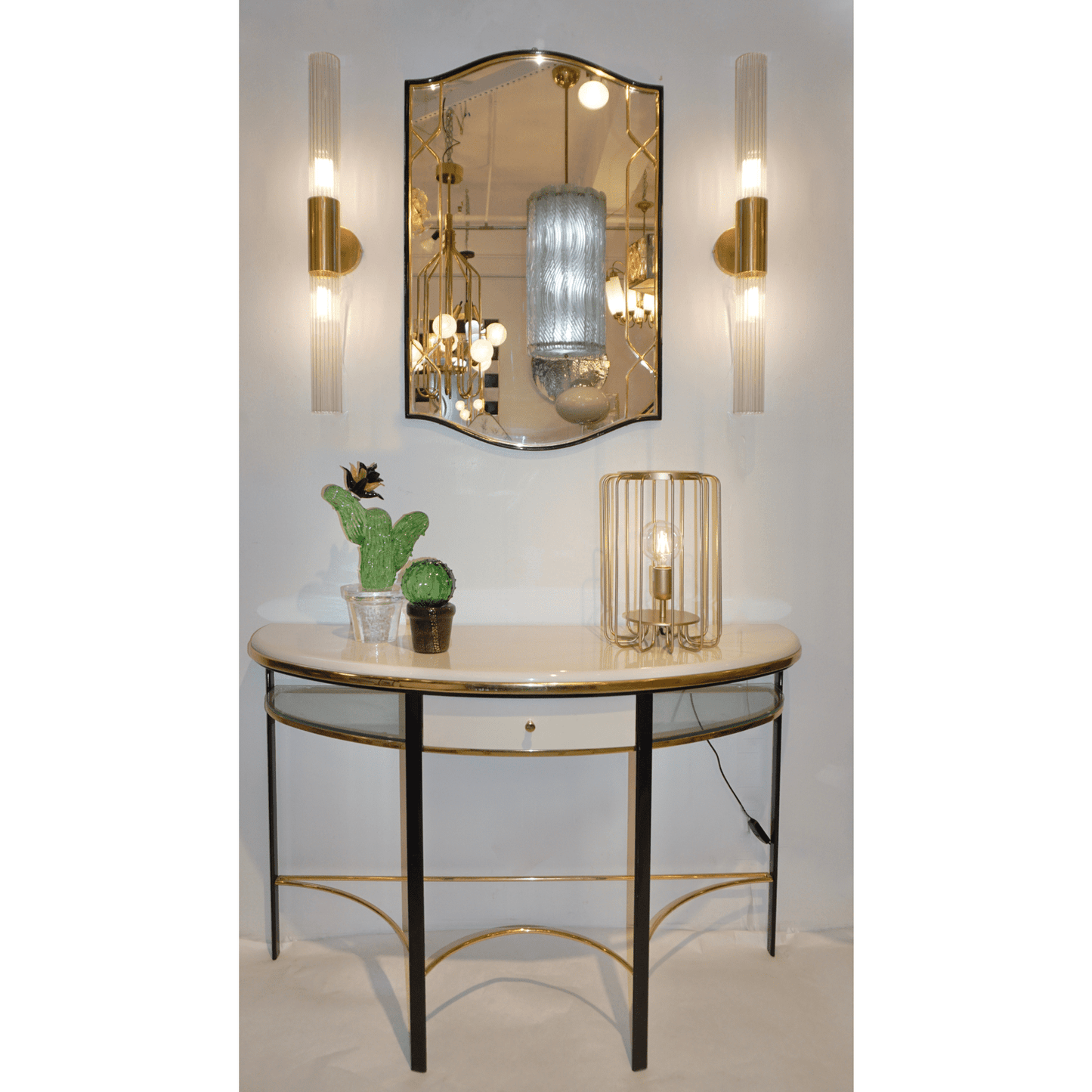 1980s Italian Art Deco Style Pair of Reeded Crystal Glass Brass Tubular Sconces