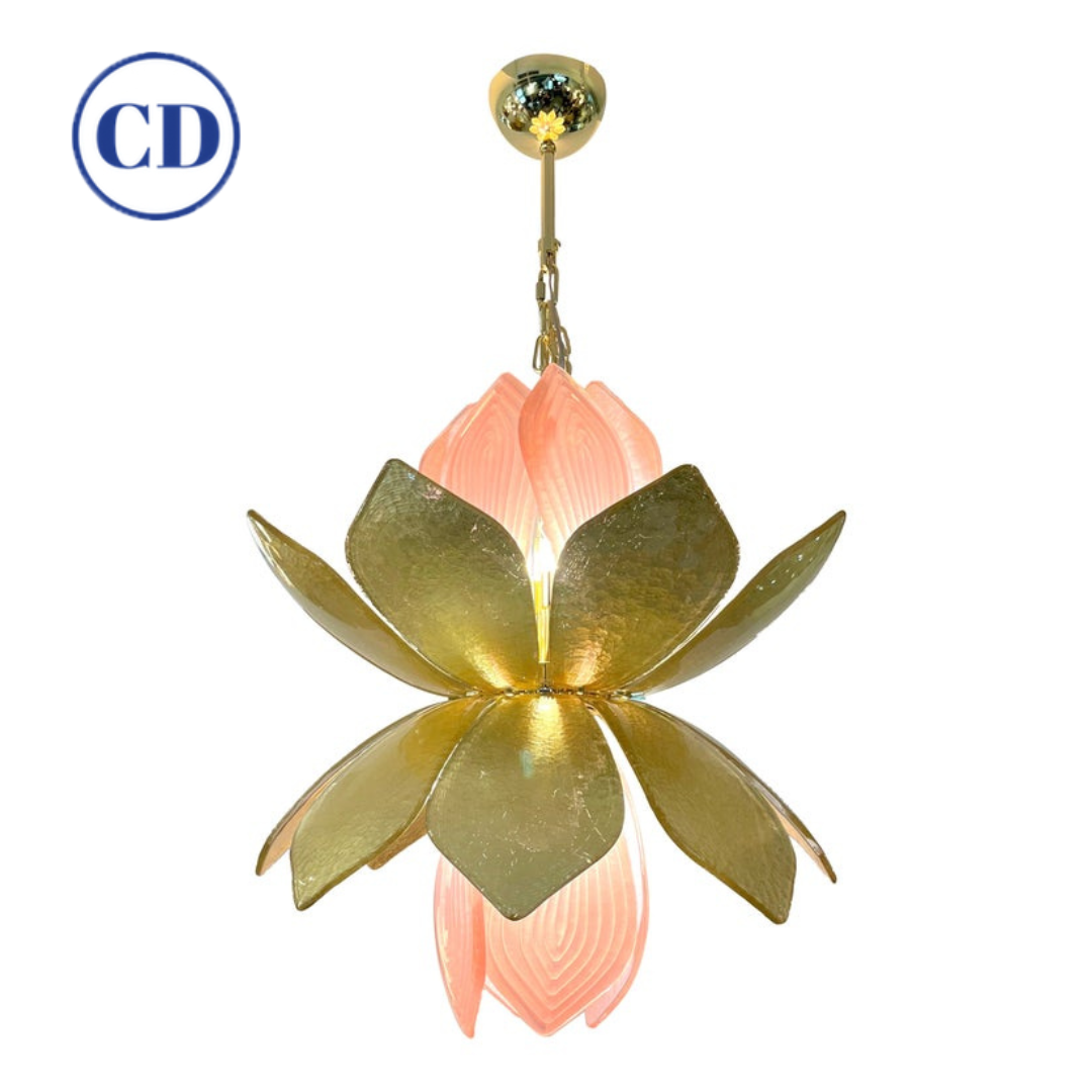 Contemporary Italian Brass Pink Gold Leaf Murano Glass Flower Chandelier Pendant