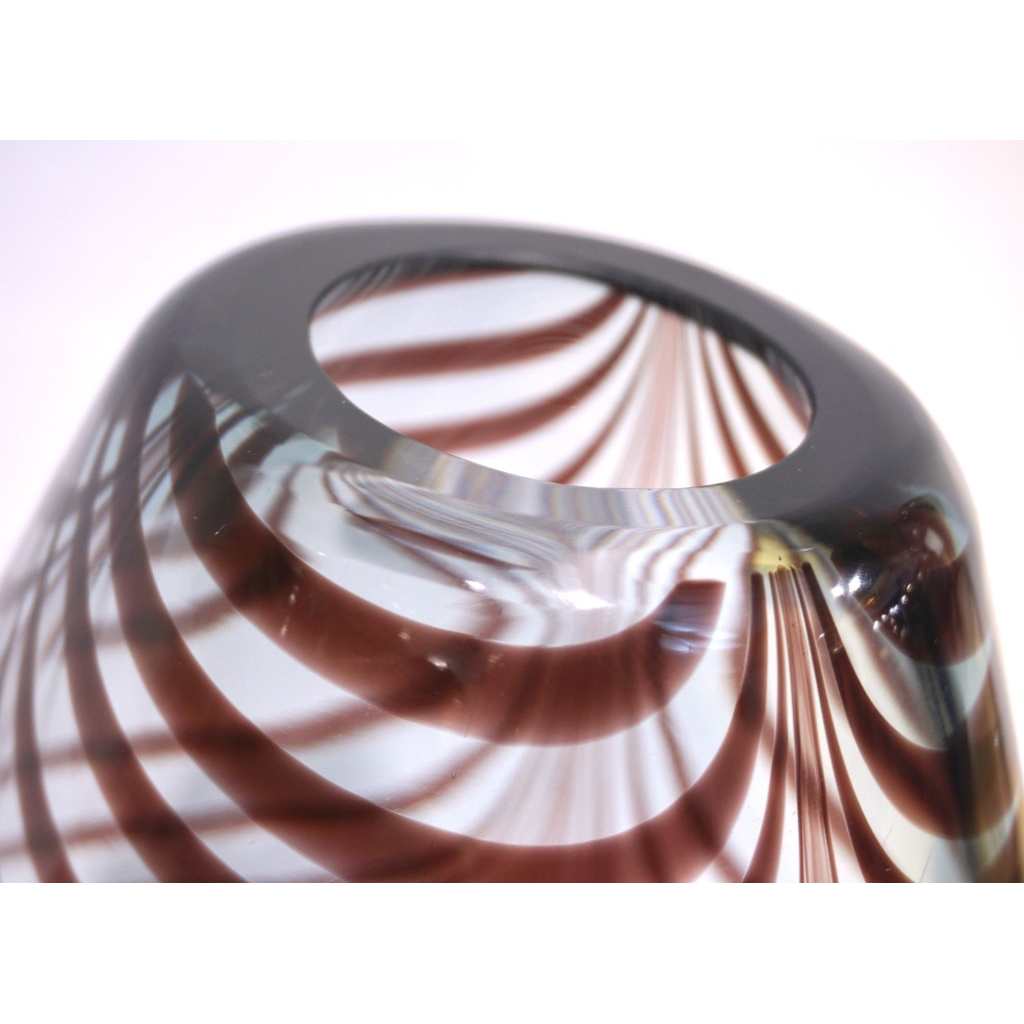 Formia 1970s Two Fenicio Feather Decorated Purple Brown Murano Art Glass Vases - Cosulich Interiors & Antiques