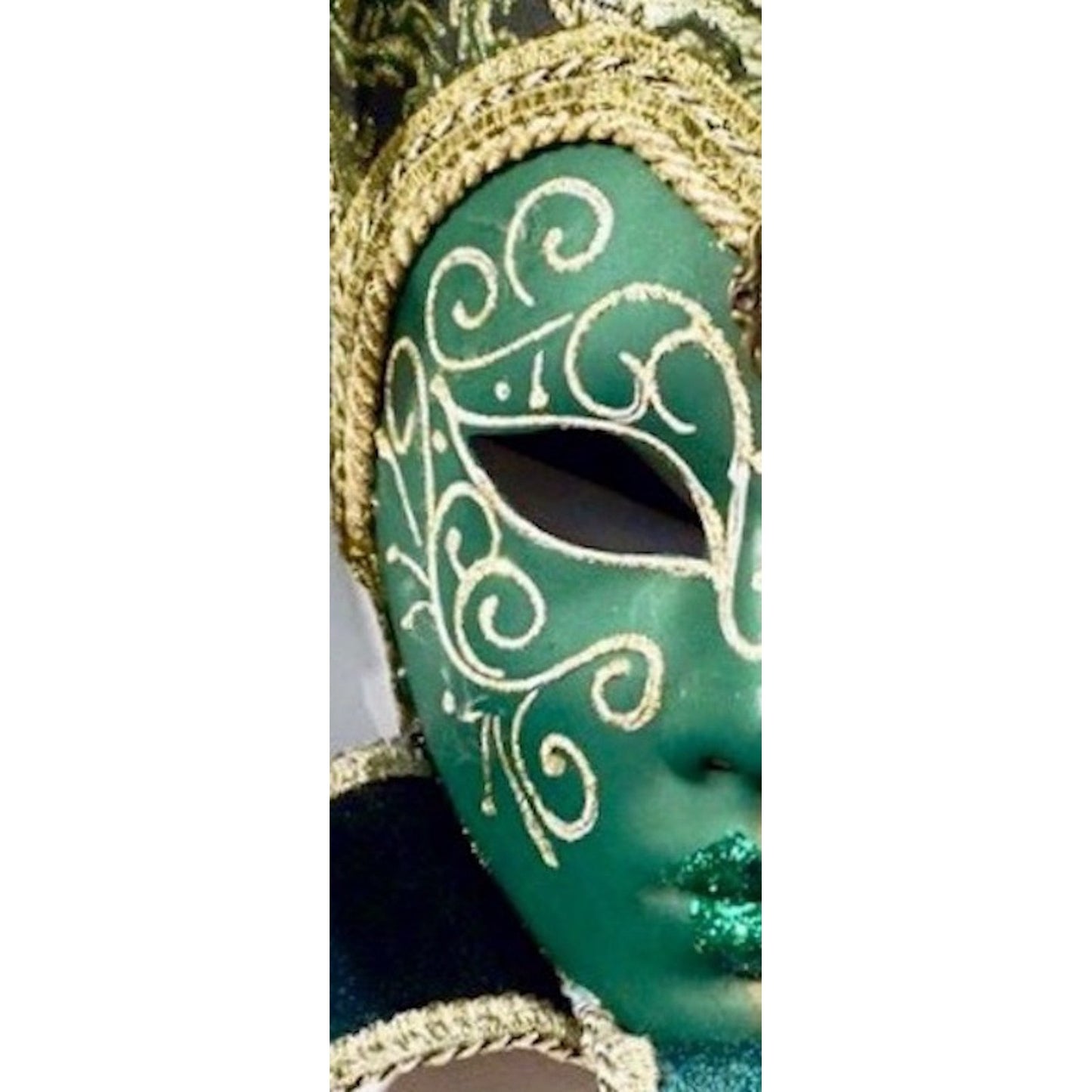 Contemporary Italian Green Gold Venice Modern Mask With Jester Collar And Bells