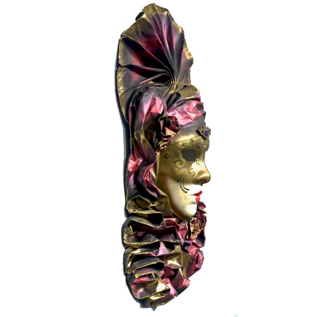 Venetian Handmade Gold and Rose Pink Mask with Flower Pleated Jabot - Cosulich Interiors & Antiques