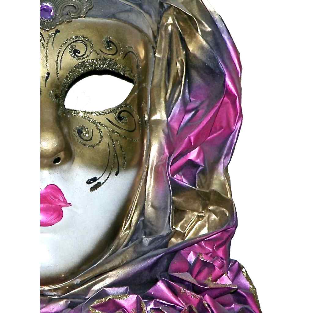 Venetian Handmade Gold and Rose Pink Mask with Flower Pleated Jabot - Cosulich Interiors & Antiques
