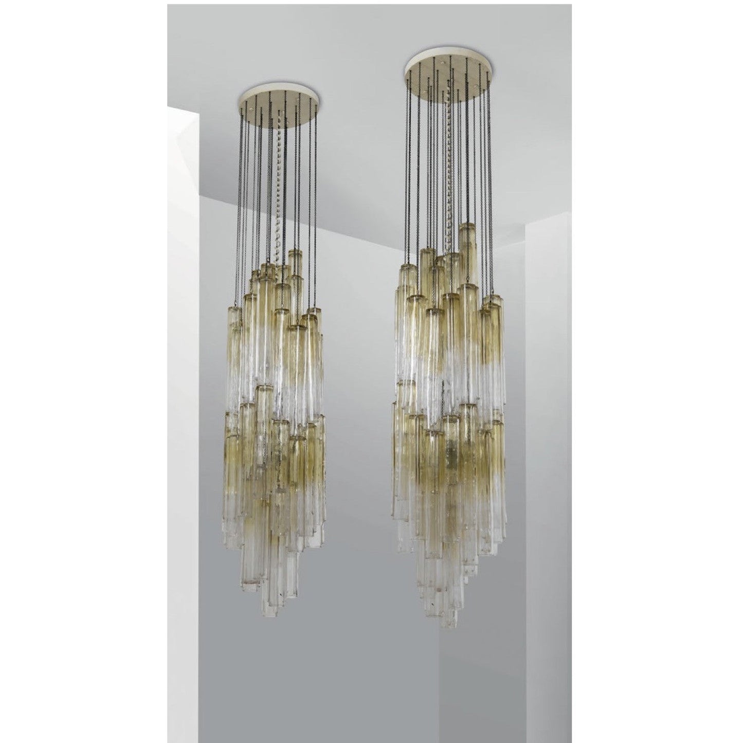 1970s Venini Pair of Chandeliers with Clear and Amber Gold Murano Glass Pendants