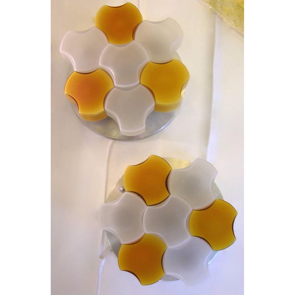Martinelli Luce 1963 Rare Pair of White and Orange Glass Wall or Flush Lights - Cosulich Interiors & Antiques