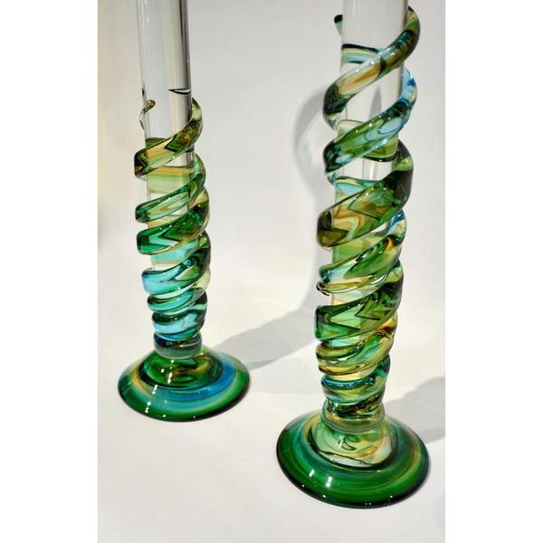 Cenedese 1970s Vintage Italian Yellow Green Aqua Blue Murano Glass Candlesticks - Cosulich Interiors & Antiques