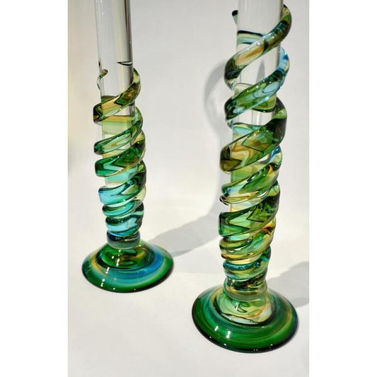 Cenedese 1970s Vintage Italian Yellow Green Aqua Blue Murano Glass Candlesticks - Cosulich Interiors & Antiques