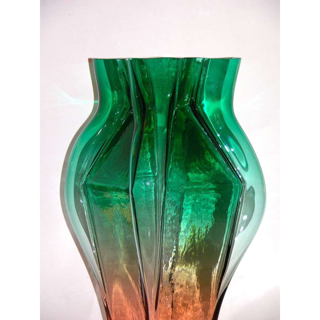 1980s Toni Zuccheri for Venini Green and Orange Murano Glass Vase - Cosulich Interiors & Antiques