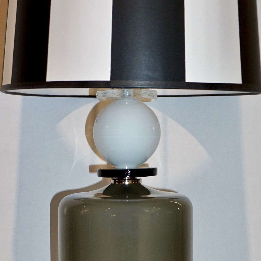 1980s Italian Geometric Pair of White Black and Silver Gray Murano Glass Lamps - Cosulich Interiors & Antiques
