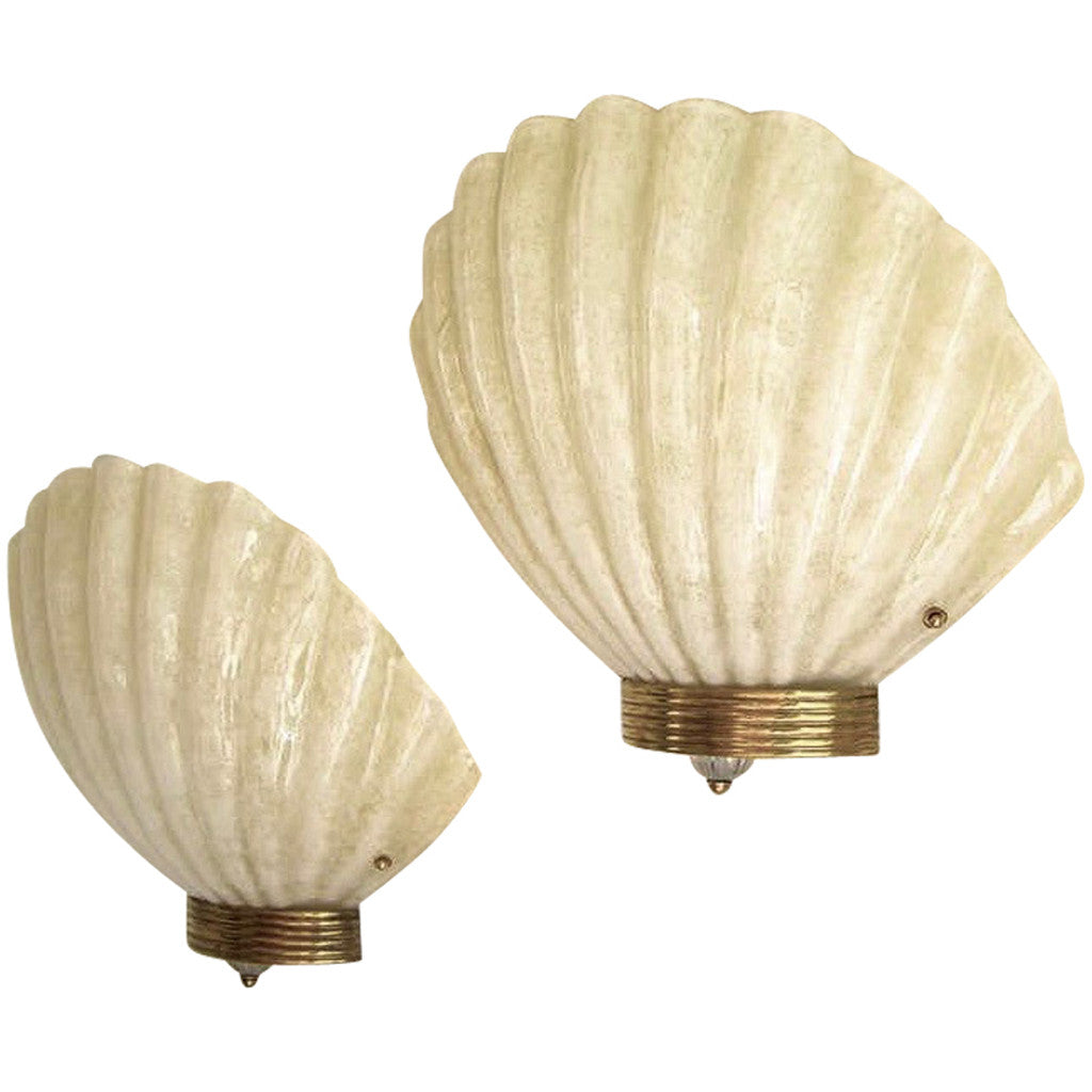 1970s Art Deco Style Pair of Vintage Shell Sconces in Gold & White Murano Glass - Cosulich Interiors & Antiques