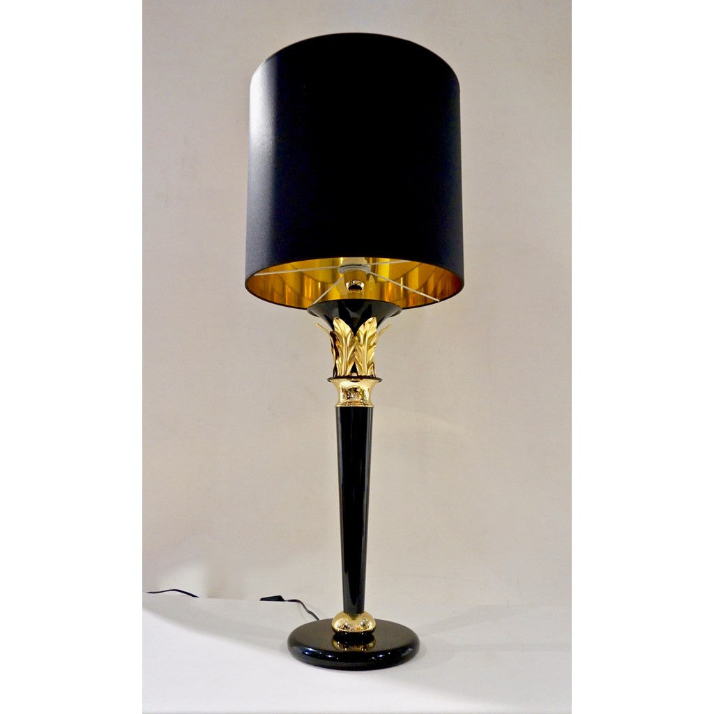1970 Italian Hollywood Regency Pair of Black Lacquered and Gold Leaf-Motif Lamps - Cosulich Interiors & Antiques