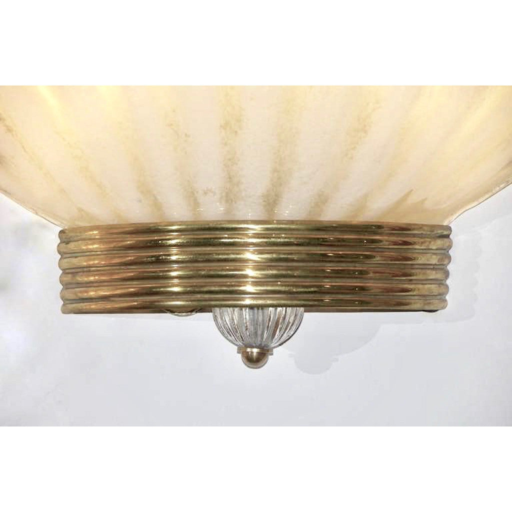 1970s Art Deco Style Pair of Vintage Shell Sconces in Gold & White Murano Glass - Cosulich Interiors & Antiques