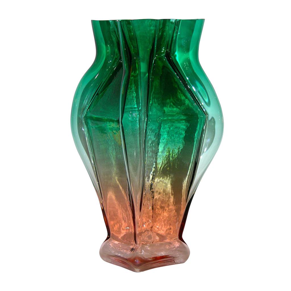 1980s Toni Zuccheri for Venini Green and Orange Murano Glass Vase - Cosulich Interiors & Antiques