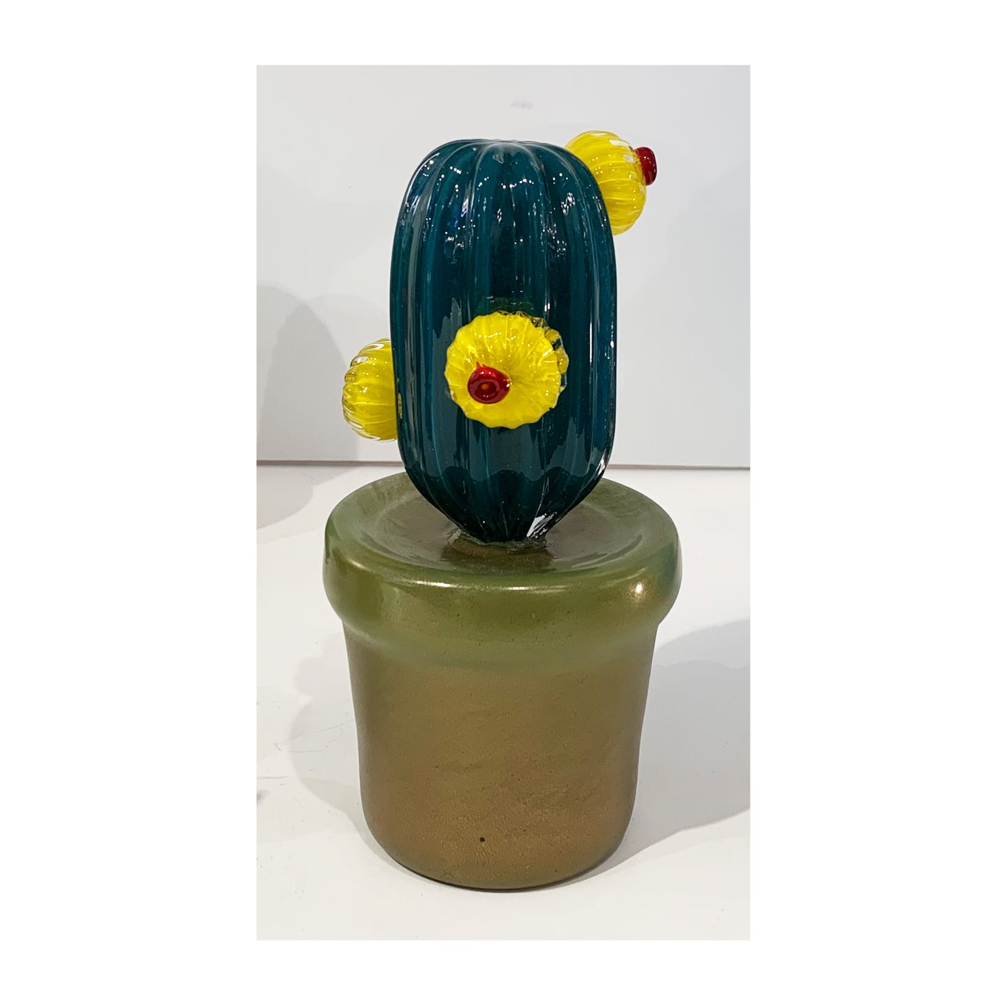 2000s Italian Teal Gold Green Murano Art Glass Cactus Plant with Yellow Flowers
