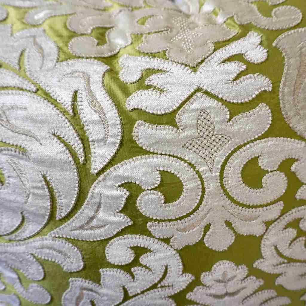 Contemporary French Green and Ivory White Damask Velvet Throw Pillows - Cosulich Interiors & Antiques